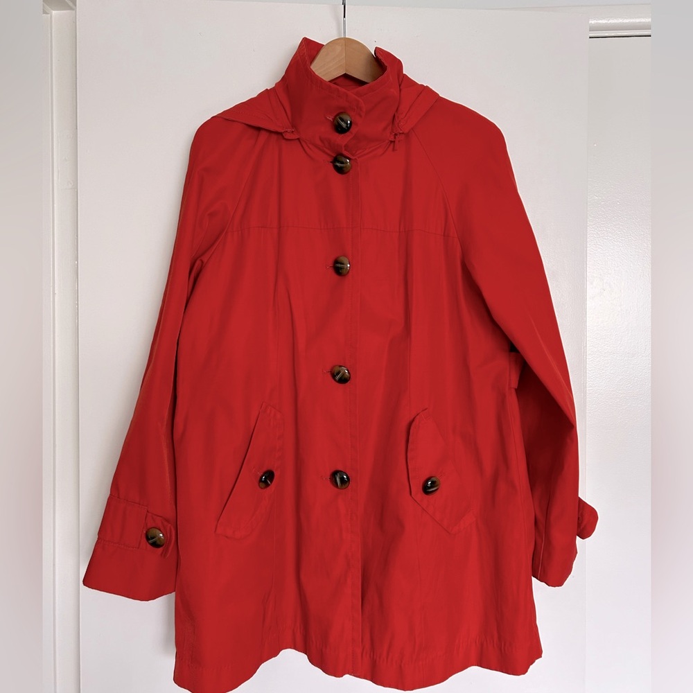 Jones New York Fully Lined Hooded Water Resistant Raincoat Orange Size Large